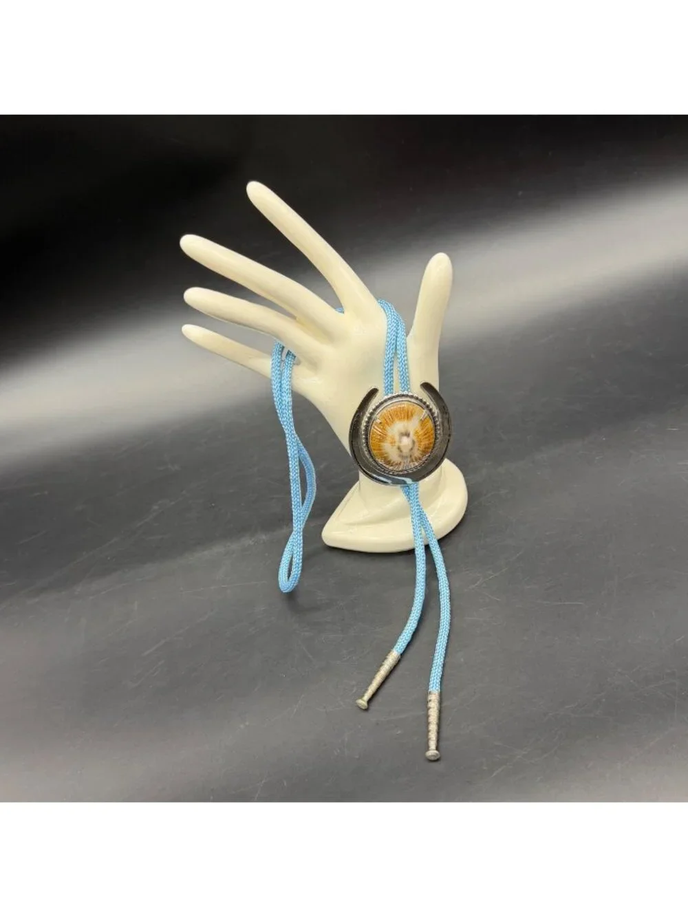 Western Bolo Tie Horseshoe Sea Shell Blue Cord Silver Tone Tips Cowboy Rodeo